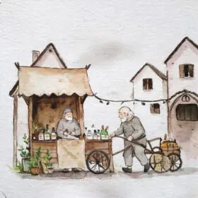 a painting of two men selling drinks