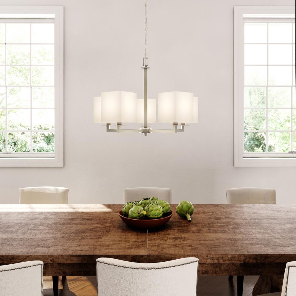 Hampton Bay Menlo Park 5 Light Brushed Nickel Chandelier W Cream Hampton Bay Menlo Park 5 Light Brushed Nickel Chandelier