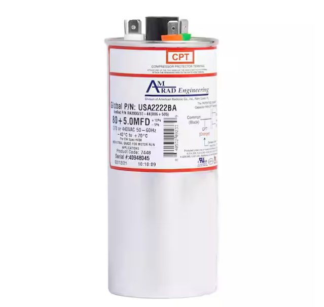 AMRAD Round Motor Run Capacitor, 80/5 MFD, 370/440 VAC